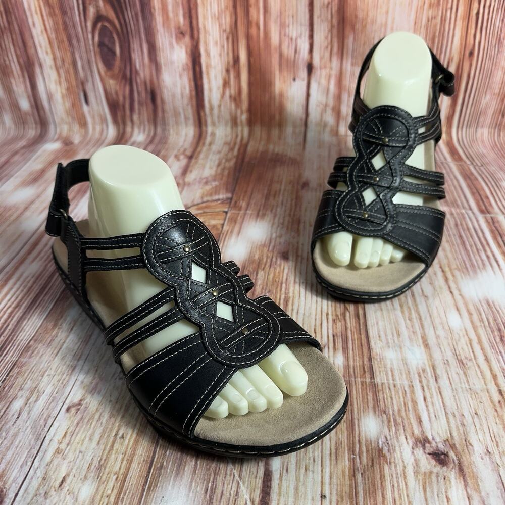 NEW Clarks LEISA JANNA Sz 10 Wide Black Leather Sandals Open Toe Shoes Flats 10W